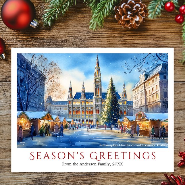 Cartão Postal De Festividades Watercolor Rathausplatz Viena Áustria Natal (Watercolor Rathausplatz Vienna Austria Christmas Holiday Postcard)