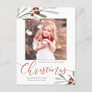 Cartão Postal De Festividades Watercolor Red Berry Greenery Foto de Natal