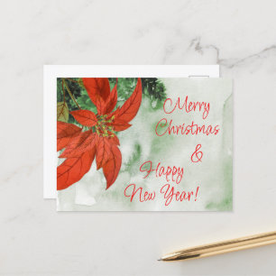 Cartão Postal De Festividades Watercolor Red Poinsettia Feliz Natal