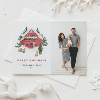 Watercolor Red Winter Cottage Woodland Photo