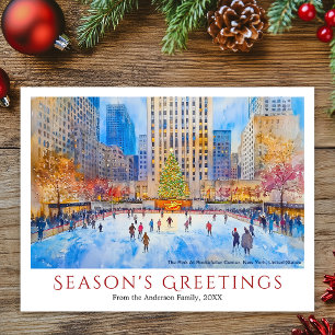 Cartão Postal De Festividades Watercolor Rockefelle Center NYC Viagem Natal