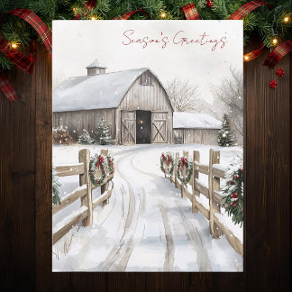 Cartão Postal De Festividades Watercolor Rustic Winter Barn Season's Greetings