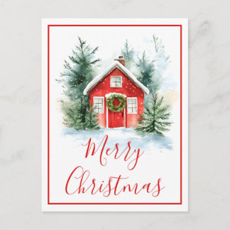 Cartão Postal De Festividades Watercolor Snowy Cottage Merry Christmas Card