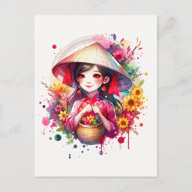 Cartão Postal De Festividades Watercolor Tet Girl (Frente)