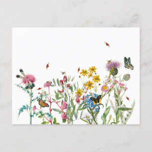 Cartão Postal De Festividades Watercolor Wildflower Insetos Floral Primavera Gar