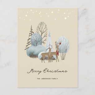 Cartão Postal De Festividades Watercolor Winter Forest Deer Felry Christmas