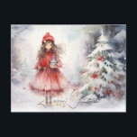 Cartão Postal De Festividades Watercolor Winter Wonderland Christmas Sprite<br><div class="desc">Na vila dos pequenos,  está esta linda picante vestida de vermelho - parada com uma árvore de Natal nevada,  flores vermelhas decorando-a,  ela dá as boas-vindas a você com uma pote de chá.</div>