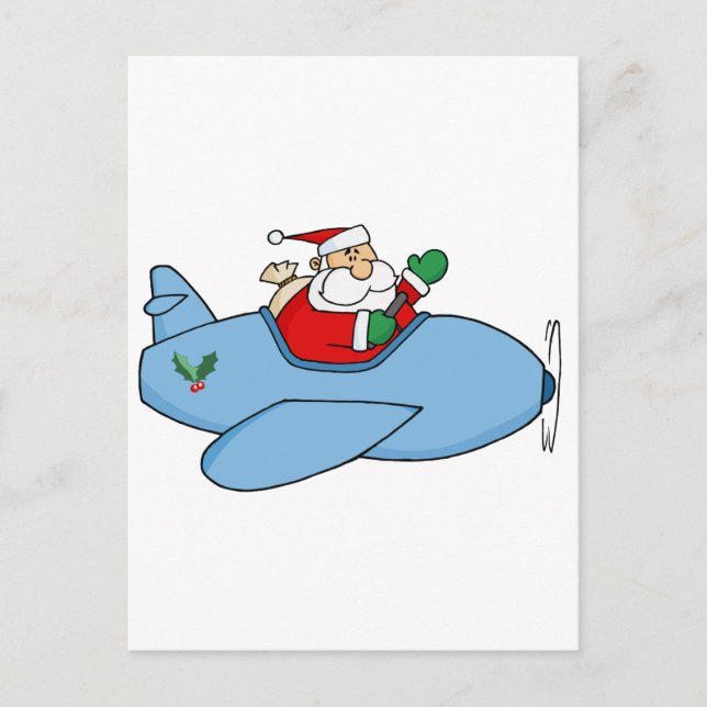 Cartão Postal De Festividades Waving Kris Kringle Voando Seu Avião De Natal (Frente)