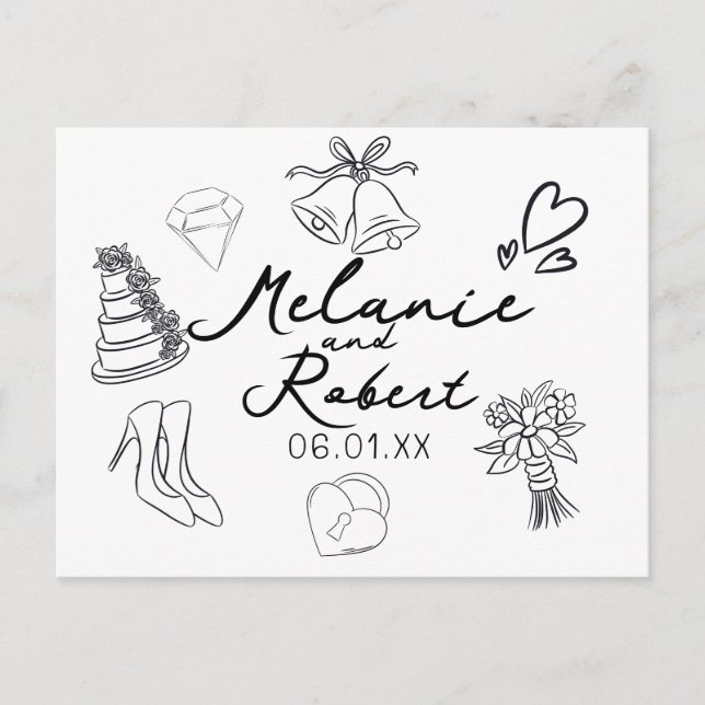 Cartão Postal De Festividades Wedding Doodle Save the Dates Wedding Anniversary  (Frente)