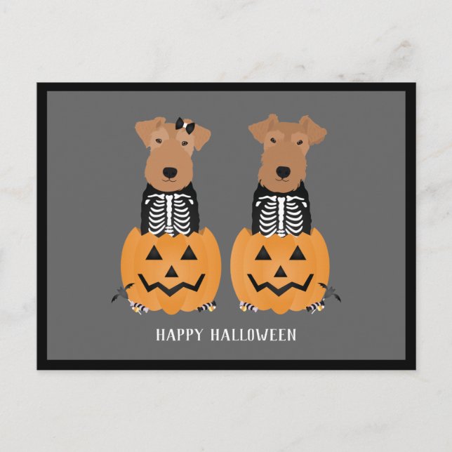 Cartão Postal De Festividades Welsh Terrier Halloween Skeleton (Frente)