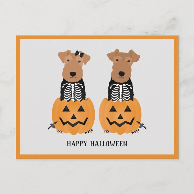 Cartão Postal De Festividades Welsh Terrier Halloween Skeleton (Frente)