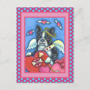 CARTÃO POSTAL DE FESTIVIDADES WHIMSICAL BOSTON TERRIER CUPID, CUTE DOG VALENTINE