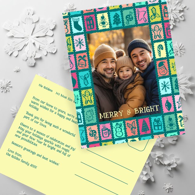 Cartão Postal De Festividades Whimsical Christmas Grid Cute Custom  (Whimsical Christmas Grid Cute Custom Photo Merry Bright Holiday Postcard
)