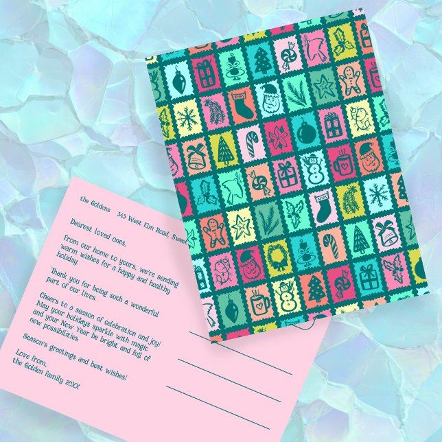 Cartão Postal De Festividades Whimsical Christmas Grid Cute Custom  (Whimsical Christmas Grid Cute Custom Non-Photo Colorful Holiday Postcard
)