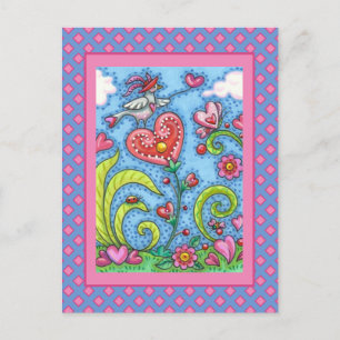 CARTÃO POSTAL DE FESTIVIDADES WHIMSICAL FOLK ART BIRD, VALENTINE HEARTS GARDEN