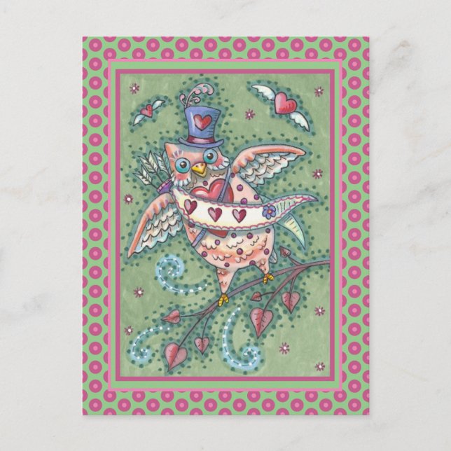 CARTÃO POSTAL DE FESTIVIDADES WHIMSICAL HOOOTS N' COARDAS CUPID OWL NAMORADOS (Frente)
