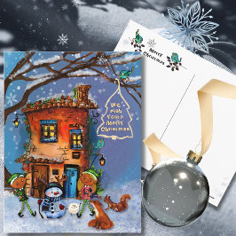 Cartão Postal De Festividades Whimsical House and Winter Woodland Friends