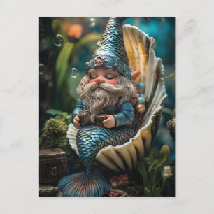 Cartão Postal De Festividades Whimsical Merman Gnome Figurine em Seashell - Unde