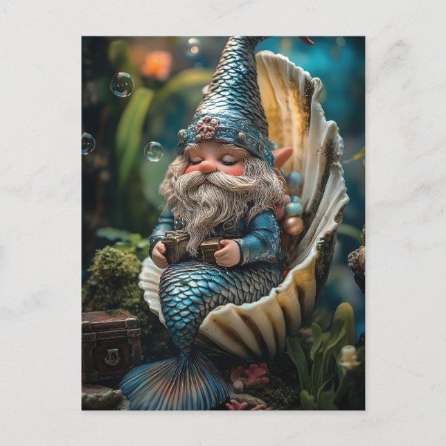 Cartão Postal De Festividades Whimsical Merman Gnome Figurine em Seashell - Unde (Frente)
