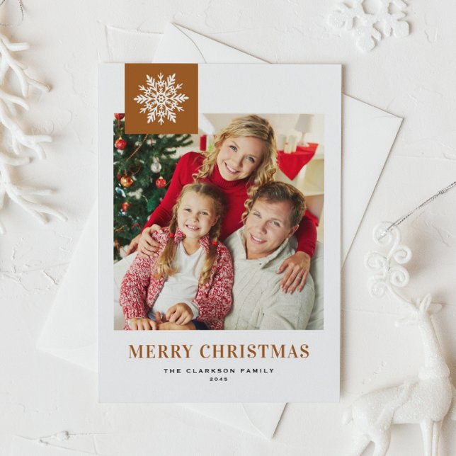 Cartão Postal De Festividades Whimsical Snowflake Burnt Orange Christmas Photo (Burnt orange photo Christmas postcard featuring a whimsical white snowflakes.)