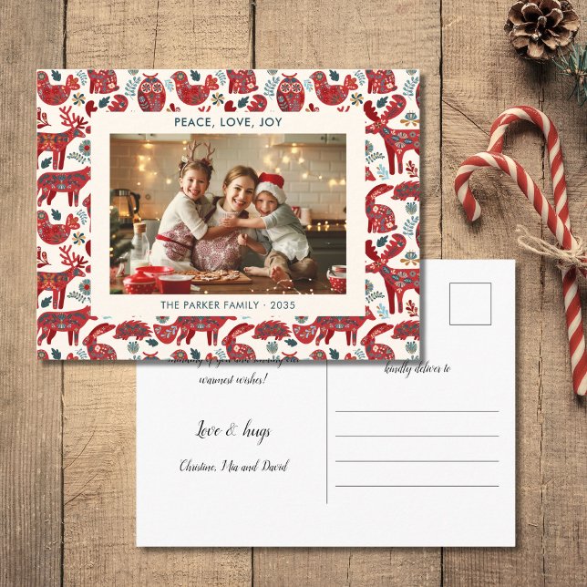 Cartão Postal De Festividades White Christmas Woodland Animals Folk Art Photo (Criador carregado)