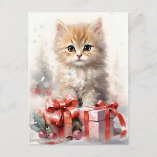 Cartão Postal De Festividades White e Orange Kitten Natal