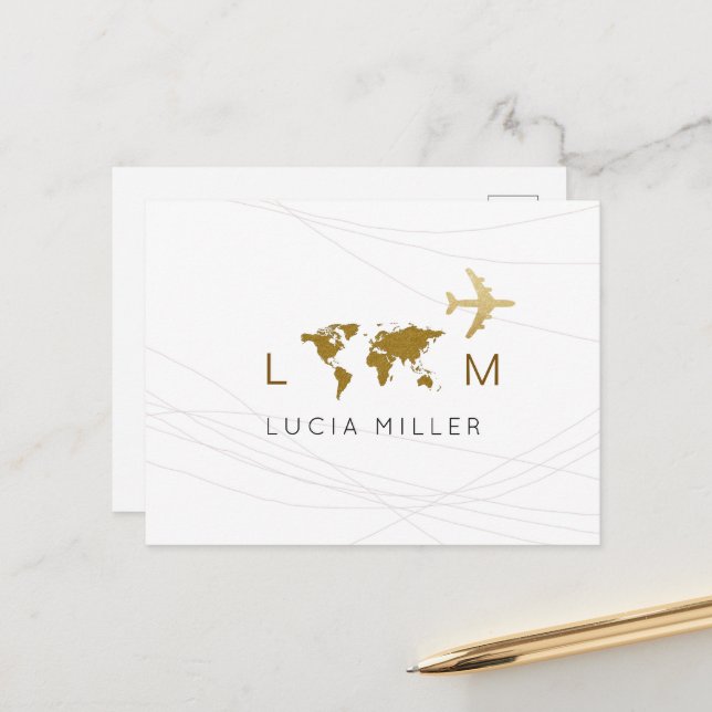 Cartão Postal De Festividades White Map do Mundo de Avião viagem (Frente/Verso In Situ)