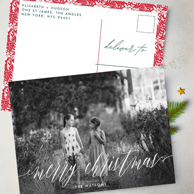 Cartão Postal De Festividades White Script Clássico Feliz Foto de Natal (Criador carregado)