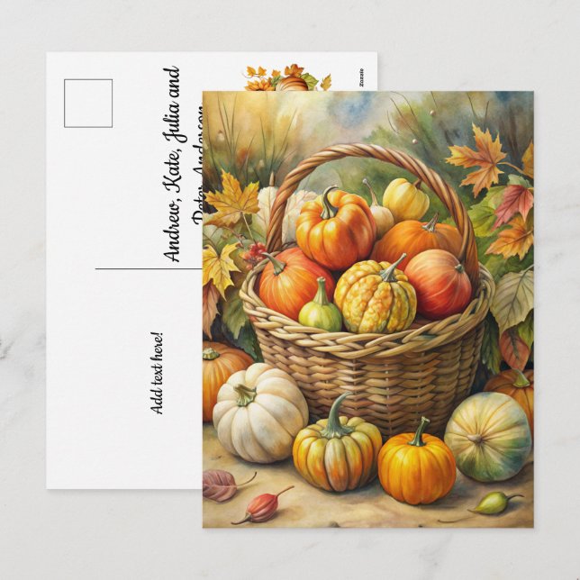 Cartão Postal De Festividades Wicker Basket with Pumpkins - Bem-vindo ao Queda (Frente/Verso)