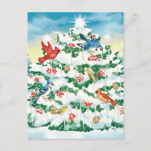 Cartão Postal De Festividades Wild Birds in Nature with Starlit Christmas Tree
