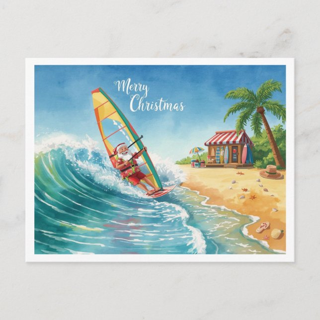 Cartão Postal De Festividades Windsurfing Santa Beach Christmas Card (Frente)