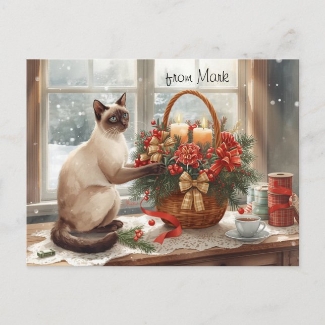 Cartão Postal De Festividades Winter Cat with Flowers  Christmas Collection (Frente)