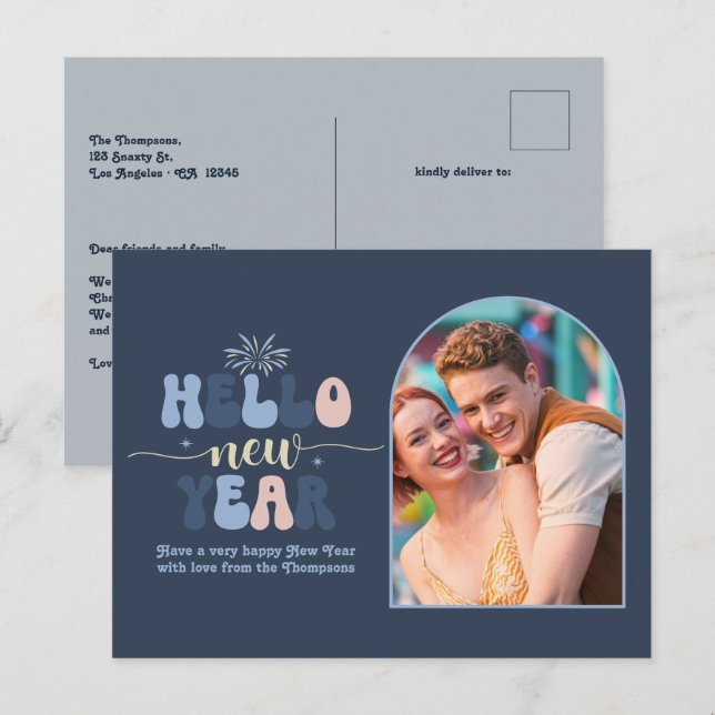 Cartão Postal De Festividades Winter Dusk New Year Retro Modern Blue Photo (Frente/Verso)