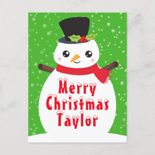 Cartão Postal De Festividades Winter Snowman Bright Green Feliz Natal Holida