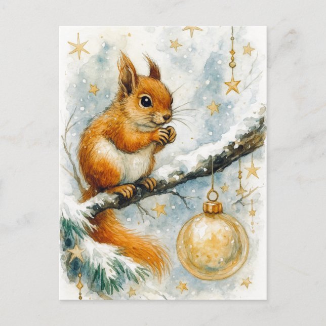 Cartão Postal De Festividades Winter Squirrel Golden Ornament Christmas Postcard (Frente)