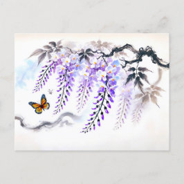 Cartão Postal De Festividades Wisteria com pintura a tinta da borboleta asiática