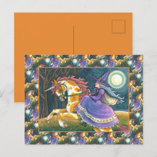 Cartão Postal De Festividades WITCH & HALLOWEEN UNICORN, BLACK CAT Fantasy Horse