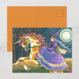 Cartão Postal De Festividades WITCH & HALLOWEEN UNICORN, BLACK CAT Fantasy Horse