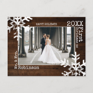 Cartão Postal De Festividades Wood Newlyweds Primeiro Foto De Natal Snowflakes