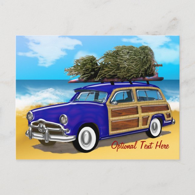 Cartão Postal De Festividades Woodie surfando com árvore de Natal (Frente)