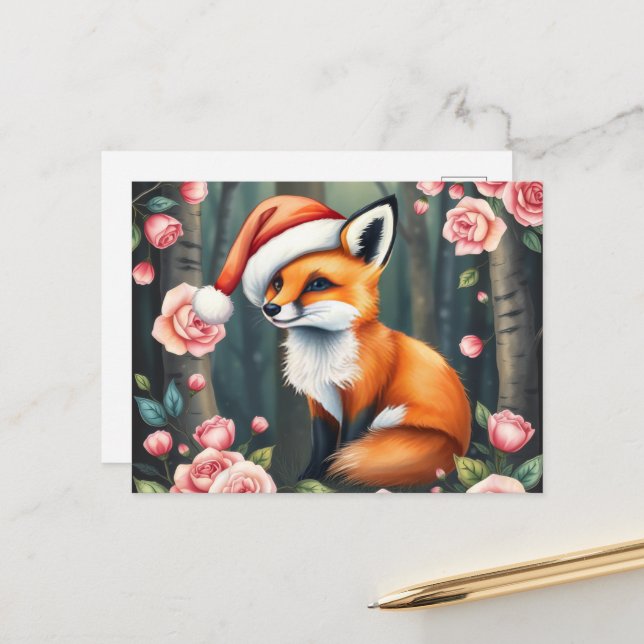 Cartão Postal De Festividades Woodland fox in Christmas hat holiday postcard (Frente/Verso In Situ)