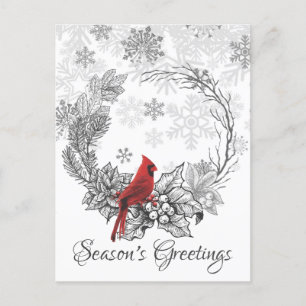 Cartão Postal De Festividades Wreath and Red Bird Season's Grements Winter