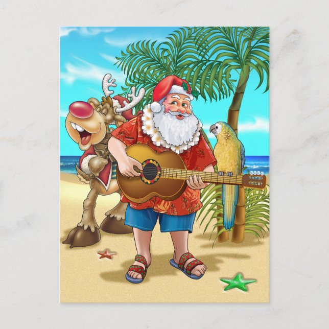 Cartão Postal De Festividades X-mas tropical, Papais noeis na praia (Frente)