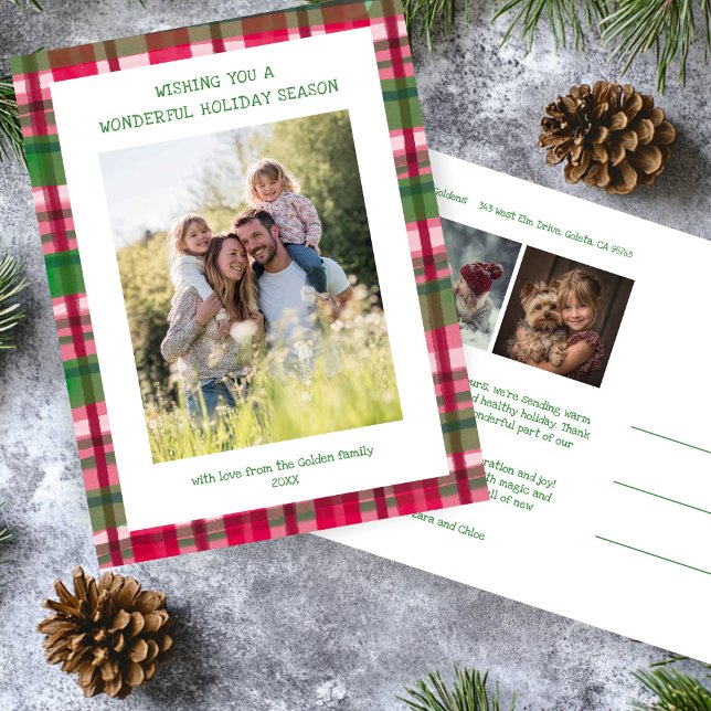 Cartão Postal De Festividades Xadrez de Aquarela Foto de Natal Personalizada par (Watercolor Plaid Handmade Christmas Custom 3 Photo Holiday Postcard
)