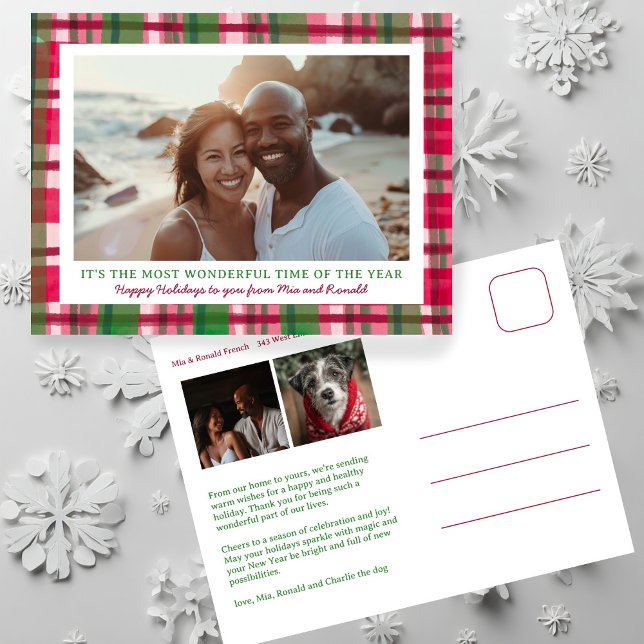 Cartão Postal De Festividades Xadrez de Aquarela Foto de Natal Personalizada par (Watercolor Plaid Rustic Handmade Christmas Custom 3 Photo Holiday Postcard
)