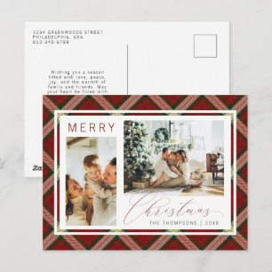 Cartão Postal De Festividades Xadrez Verde Clássico de Natal Duas Fotos