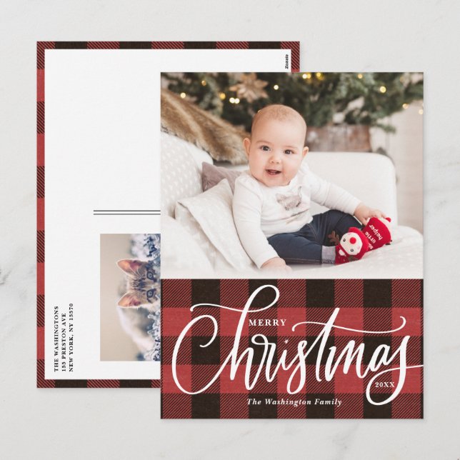 Cartão Postal De Festividades Xadrez Vermelha Russa Foto Feliz de Natal (Frente/Verso)