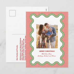 Cartão Postal De Festividades Xadrez Vermelho com Borda Verde Ondulada Foto & Ca