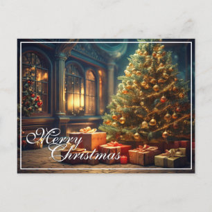 Cartão Postal De Festividades Xmas Motif com presentes na árvore de Natal