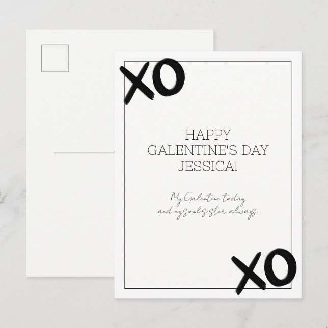 Cartão Postal De Festividades XOXO preto e branco Nome da Bestie Galentine Dia (Frente/Verso)